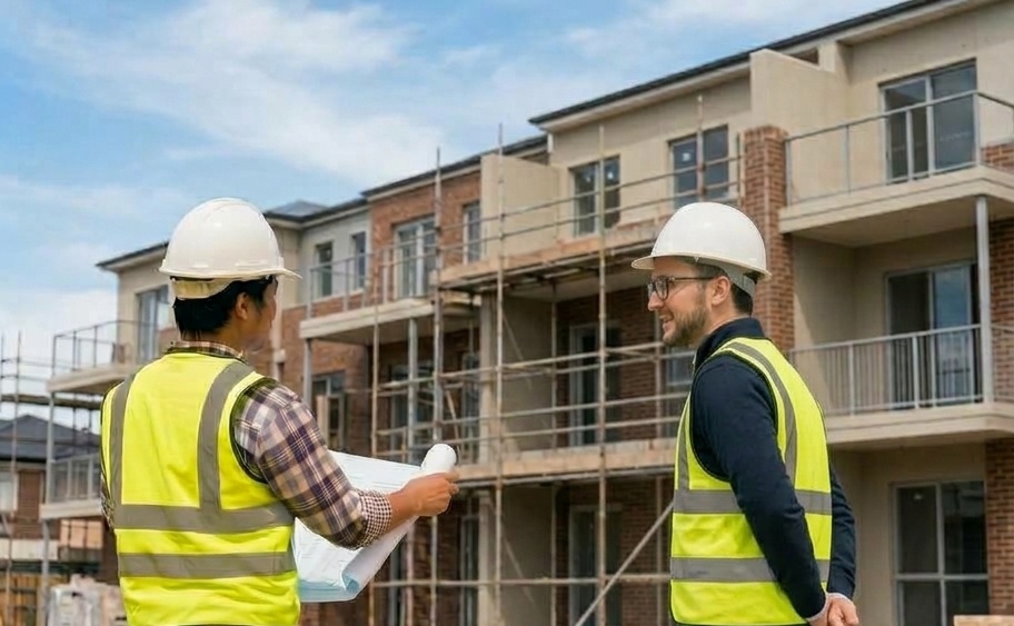 Two people in hard hats and high-visibility vests discussing plans at a British housing construction site